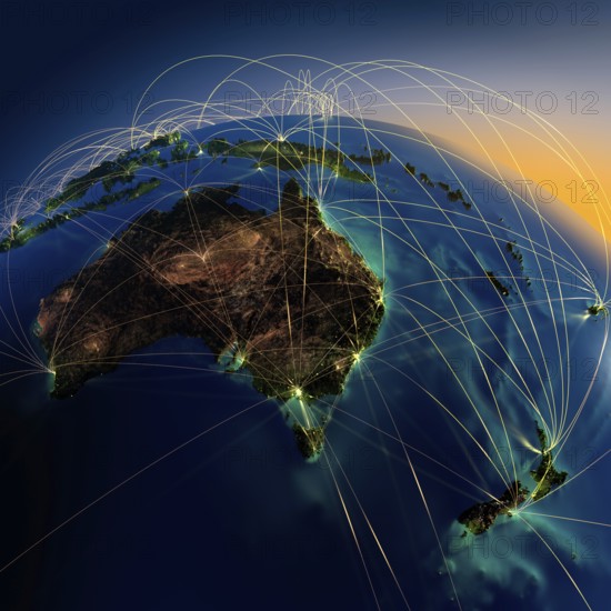 Highly detailed planet Earth at night with embossed continents, illuminated by light of cities, translucent and reflective ocean. Earth is surrounded by a luminous network, representing the major air routes based on real data