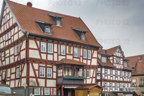 Street with historical half-timbered houses in Schlitz, Germany, Europe