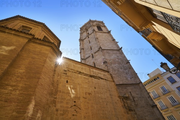 Valencia Plaza de la Virgen square and Miguelete tower and Cathedral at Spain