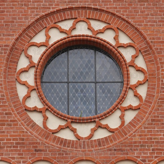 Rosette on the Protestant country church in Schelldorf an der Elbe. Saxony-Anhalt, Germany, Europe