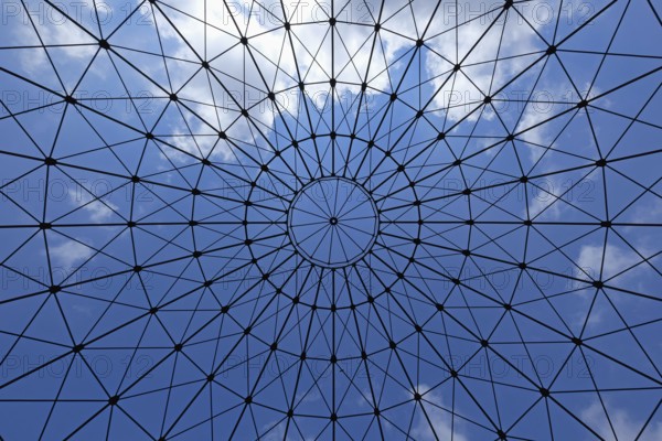 View of the cloudy sky in the Leipzig South Gasometer. Saxony, Germany, Europe