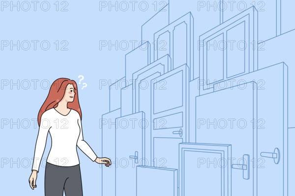 Confused woman in front of numerous doors find right solution or option. Frustrated female make life choice, finding correct path or way. Right and wrong decision. illustration
