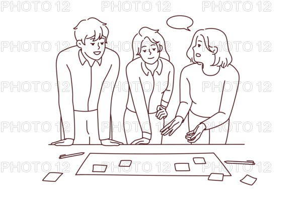 Businesspeople brainstorm at office meeting discuss business ideas with sticky notes together. Smiling employees or colleagues engaged in teamwork activity. Vector illustration