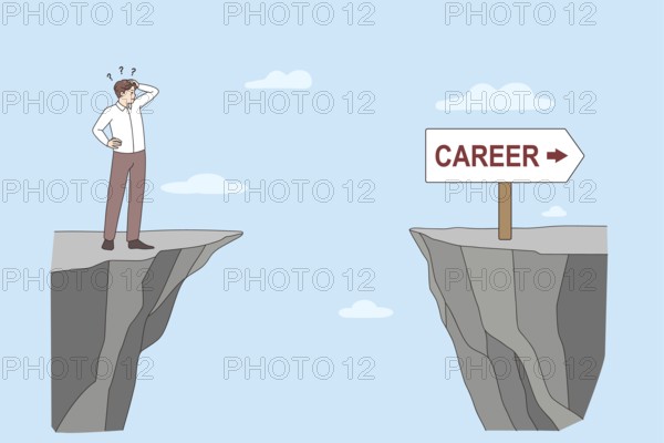 Confused businessman stand in front of cliff make risky business decision or choice. Frustrated man employee consider dangerous work plan, feel trouble and scared. Dilemma. illustration