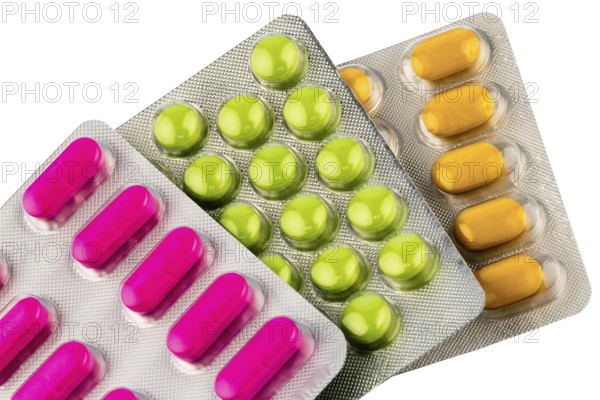 Colourful tablets in blister pack, symbolic photo for remedies and healthcare