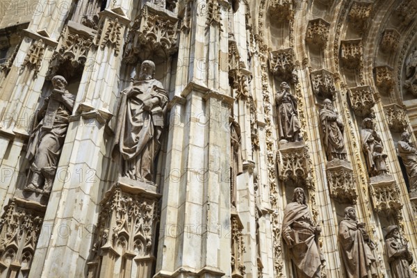 Seville cathedral facade in Constitucion avenue of Sevilla Andalusia Spain