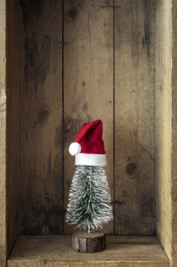 Christmas decoration Santa Claus hat and tree in a wooden box background