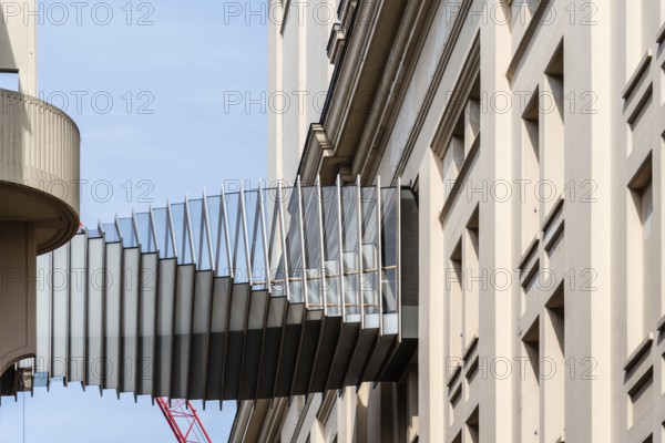 London, UK, May 15, 2019: Modern design bridge between two buildings in Covent Garden. Located in the West End of London, Covent Garden is renowned for its luxury fashion and beauty stores, restaurants and theatres