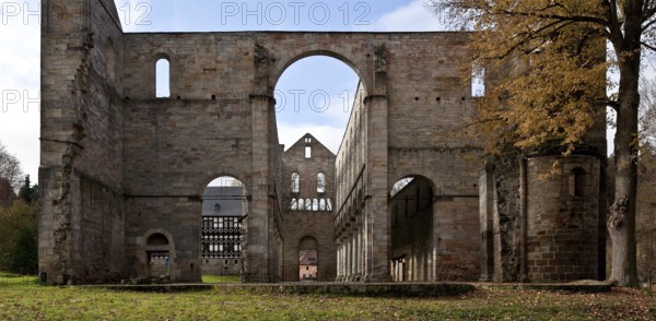 Paulinzella, monastery ruins. Main construction period 1105-24 since 16-17th century Ruin View from the east in front the six monolithic column shafts replaced in 1963-69, St., Sankt, Saint