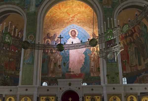 Moscow, Russia, November 11, 2019: Wall painting in an Orthodox church. Church of the Resurrection of Christ and the New Martyrs and Confessors of the Russian Church, Europe