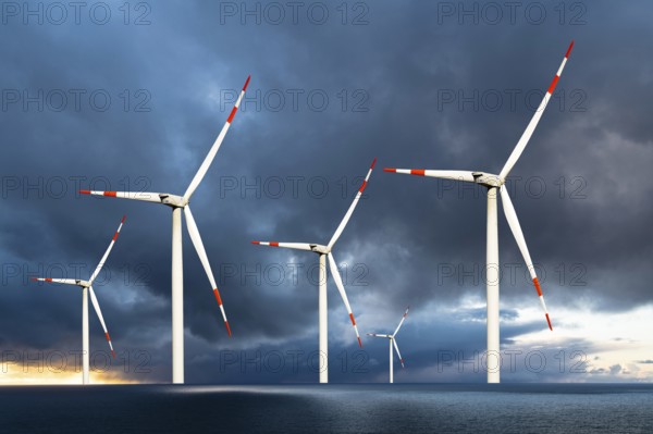 Wind turbines in the North Sea, thunderstorm, Lower Saxony, Federal Republic of Germany