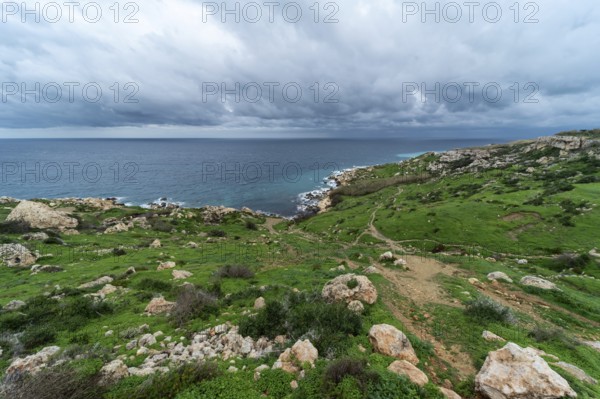 View over a green landscape with rocks and the Mediterranean sea in the background in Selmun, Malta, Europe