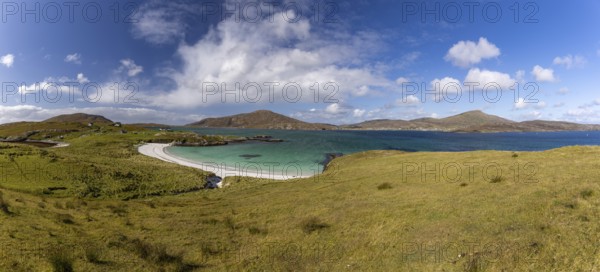 Sandy beach beach in the strait, Caolas Bhatarsaigh, Vatersay, Barra Island, Outer Hebrides, Scotland, Great Britain
