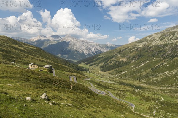 View of the hairpin bends of the Splügen Pass road, Splügen, Canton Graubünden, Switzerland, Europe
