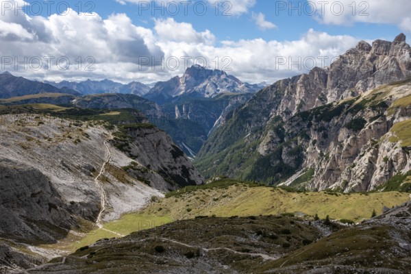 Scenic calm mountain landscape in the surroundings of the famous Three Peaks mountains, Dolomites in South Tirol