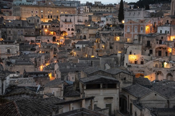 Scenic skyline of Sassi di Matera at night, Italy, Europe
