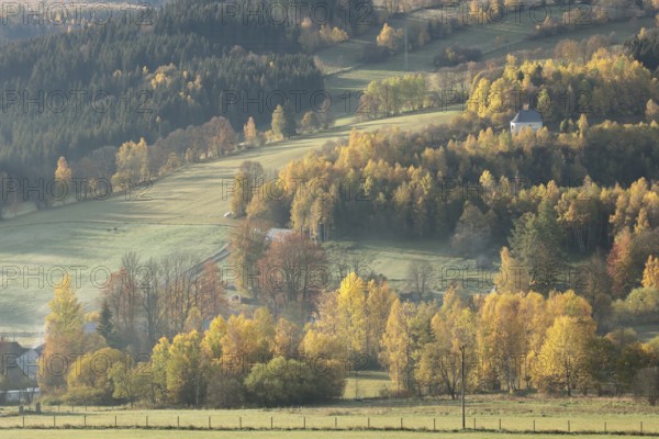 Idyllic autumn landscape on a sunny October morning. Sudetes Mountains, Czech Republic, Europe