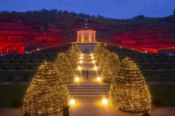 Adventure winery to shine in special splendour from next week Radebeul, 1 November 2024 From 8 November, Schloss Wackerbarth will once again illuminate its baroque grounds and the Wackerbarthberg in festive light. Every day from 3 pm, around 5, 500 points of light and numerous Herrnhut stars will transform the entire ensemble of Europe's first adventure winery into a wonderful world of light, music and enjoyment. As darkness falls, the baroque buildings and historic vineyard walls as well as vines, hedges and trees glow in warm colours. Fairytale lanterns, light sculptures and selected illuminations invite you to take a tour of the romantically sparkling vineyard. Radebeul, Saxony, Germany, Europe