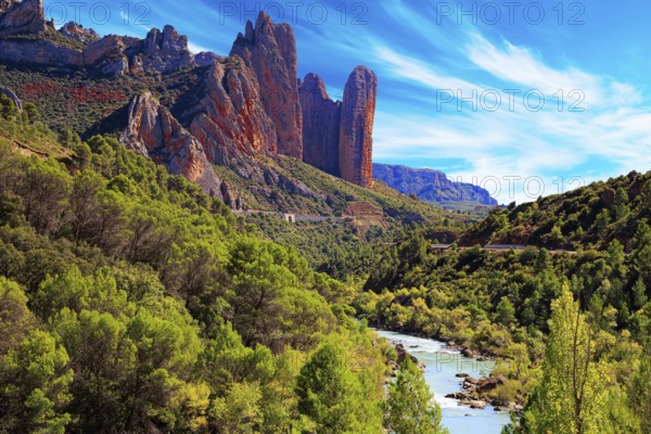The magnificent Mallets of Riglos. The river Gallego flows through the gorge. Aragon. Romantic trip to Spain. Beautiful rocks - part of the foothills of the Pyrenees
