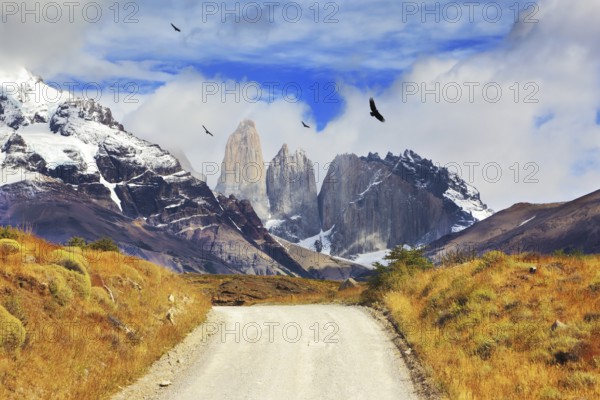 Dirt road to the famous Torres del Paine rocks. National Park in southern Chile