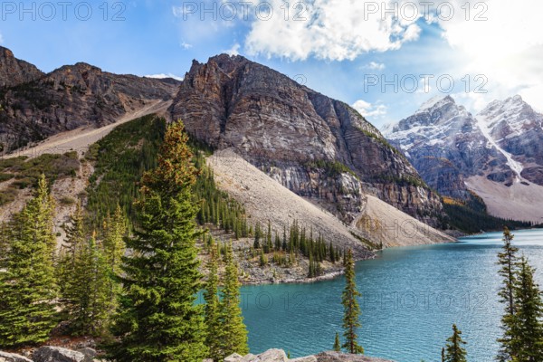 Canada. The most beautiful mountain lake Moraine. The lake water has a unique blue-azure color. The picturesque valley of the Ten Peaks surrounds the magnificent lake