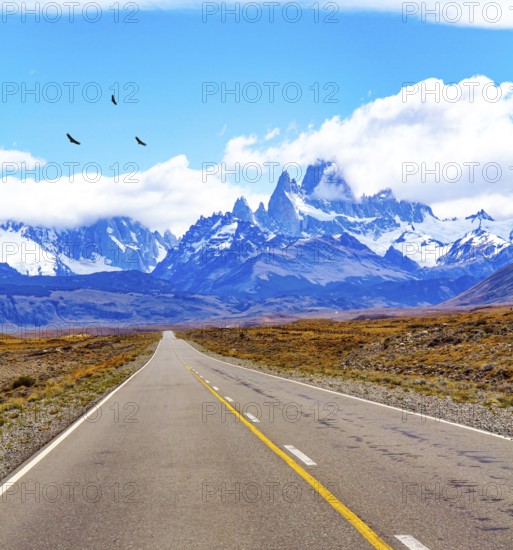 The road to the famous Mount Fitzroy. The famous peaked rock monoliths are illuminated by the sun. Argentine Patagonia. The endless flat prairie is overgrown with yellow autumn grass