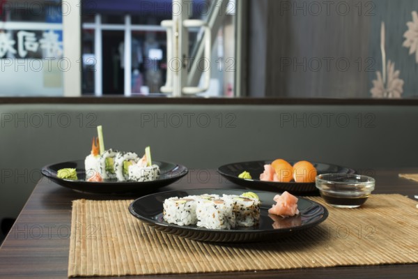 Plate of sushi in restaurant