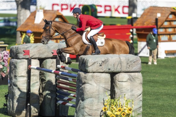 Calgary, Canada, Sept., 7, 2024. Daniel Deusser of Germany, riding Gangster VH Noddevelt compete in the BMO Nations Cup during the CSIO Spruce Meadows, Masters, presented by Rolex, North America