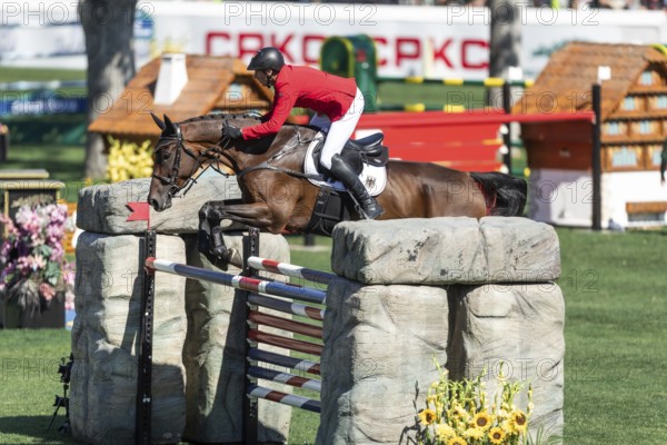 Calgary, Canada, Sept., 7, 2024. Andre Thieme of Germany, riding Paule S competes in the BMO Nations Cup during the CSIO Spruce Meadows, Masters, presented by Rolex, North America