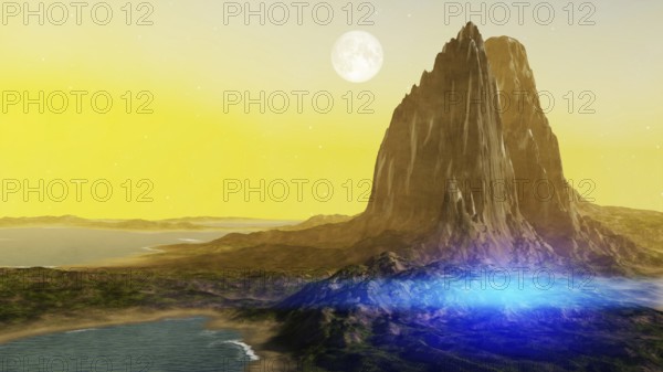 A fantasy landscape scenery at dawn 3D illustration