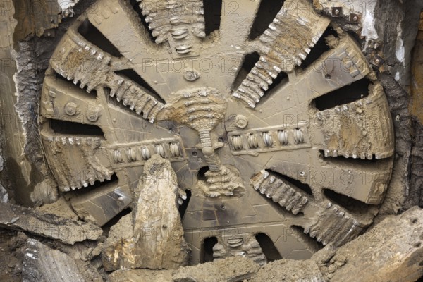Tunnel Boring Machine front head element is seen on a subway station under construction