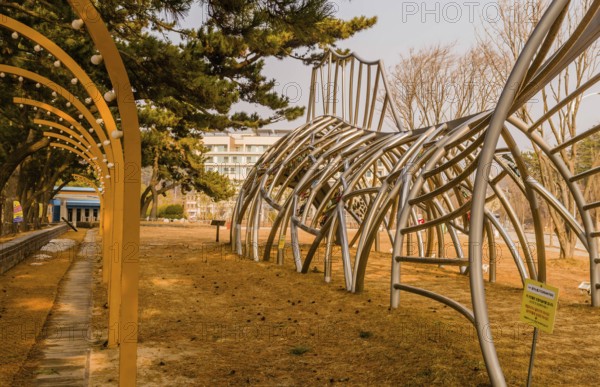 Buan Beach, South Korea, Jan. 5, 2023: Side view of metal sculpture of fish called Dream Fish by Ja Yeon Hee, Asia