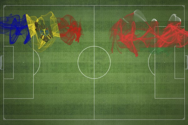 Moldova vs Oman Soccer Match, national colors, national flags, soccer field, football game, Competition concept, Copy space