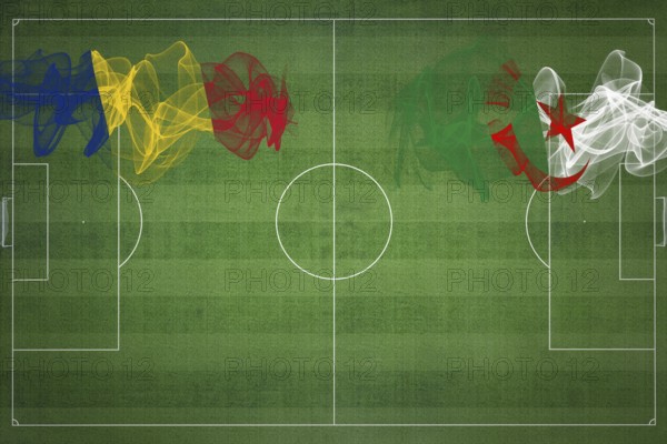 Romania vs Algeria Soccer Match, national colors, national flags, soccer field, football game, Competition concept, Copy space