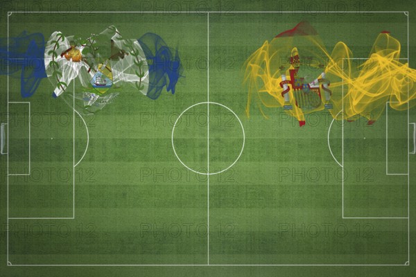 Belize vs Spain Soccer Match, national colors, national flags, soccer field, football game, Competition concept, Copy space