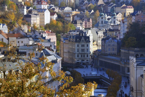 View from the Hotel Thermal to the spa centre of Karlovy Vary, in the background the Hotel Imperial, Karlovy Vary, West Bohemia, Czech Republic, Europe