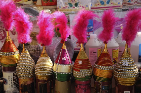 Decorated Kalash kept for sale lalbaug, mumbai, maharashtra, India, Asia