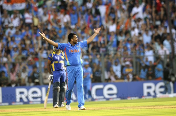 Bowler Zaheer celebrates taking wicket Chamara Kapugedera Sri Lanka 2011 ICC World Cup Wankhede Stadium Mumbai
