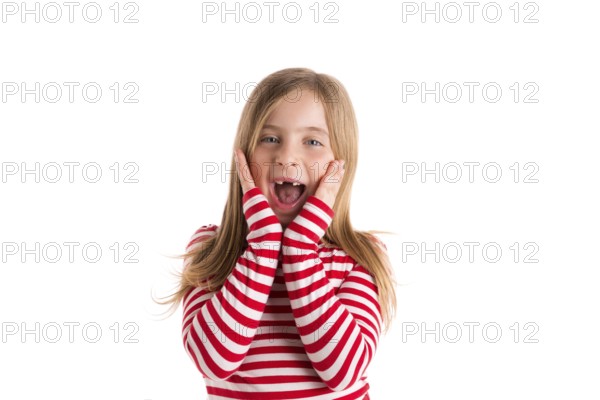 Blond indented kid girl open mounth and hands happy expression gesture on white