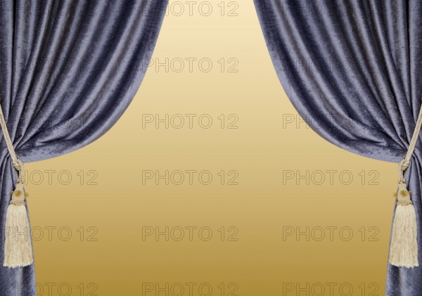 Grey blue curtains with supports and tassels over golden gradient