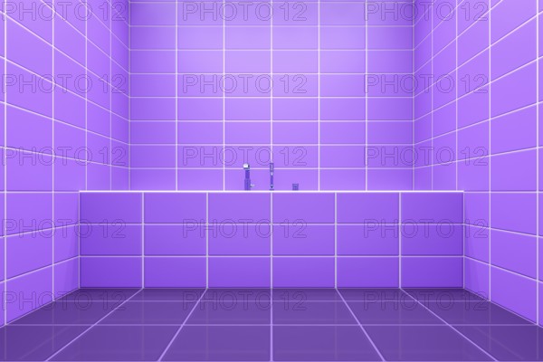 3d rendering of a purple tiled bathroom side view to the tub