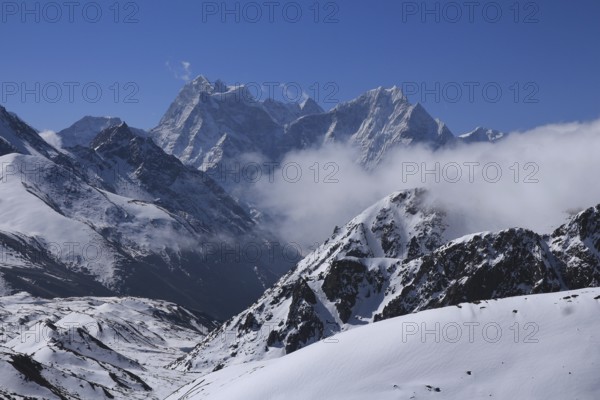 High mountains Kangtega and Thamseku in spring. View from Gokyo, Sagarmatha National Park, Nepal, Asia