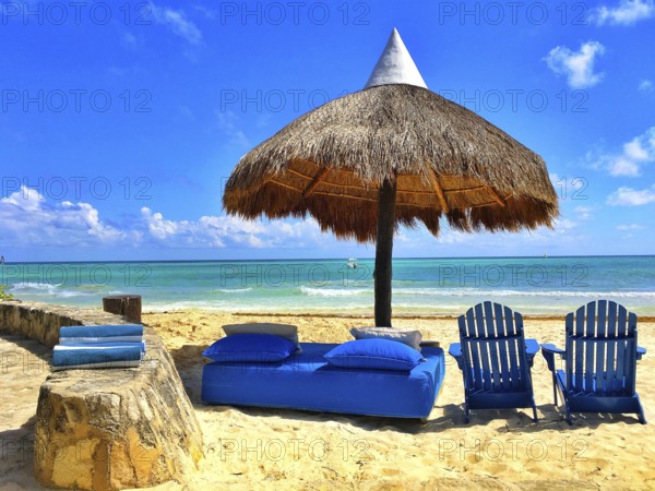Luxury blue beach chairs on the empty beach, Yucatan, Mexico, Central America