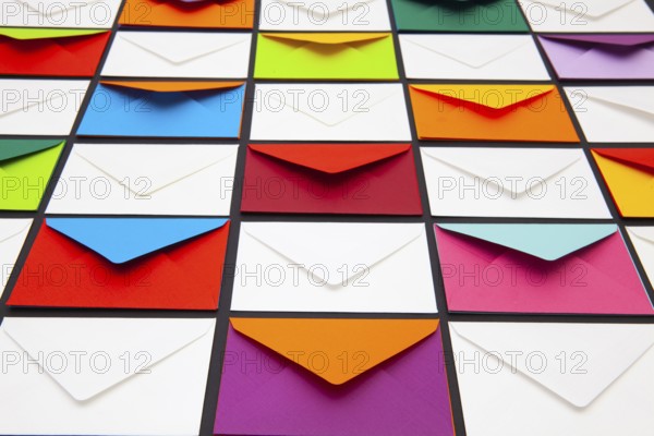 Composition with white and colored envelopes on the table. The photo suitable for various holidays and anniversaries