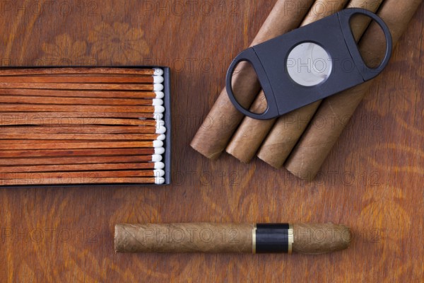 Different cigars on the decorative wooden table