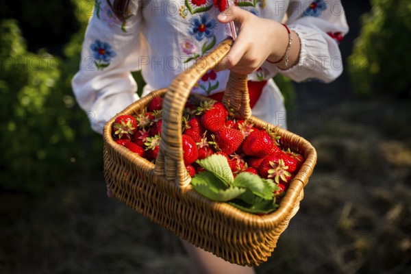 Closeup of woman's hands holding basket with organic garden summer strawberry berries. Healthy lifestyle and healthy eating. Vegetarian snack.fruit and berries