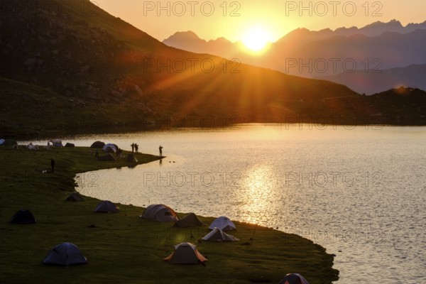 First light in the morning front Midi d Ossau, Gentau lake, Ayous lakes tour, Pyrenees National Park, Pyrenees Atlantiques, France, Europe