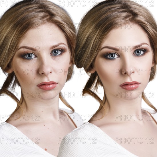 Comparison portrait of young blond woman before and after retouch
