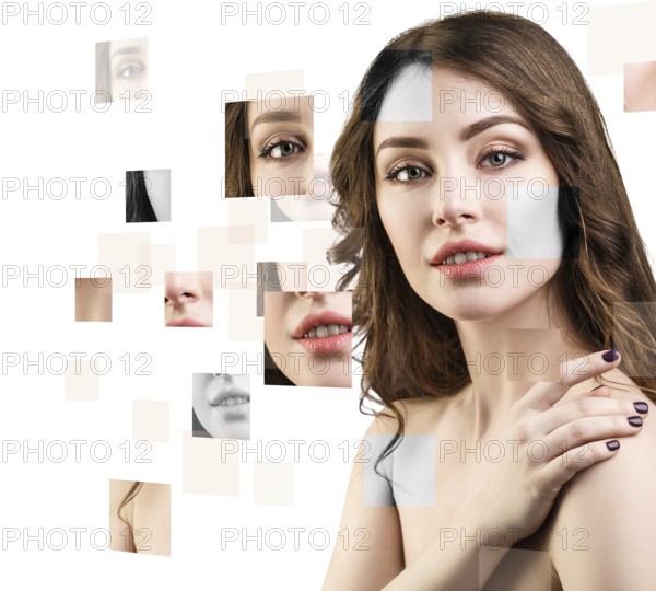 Young woman's face collected from different parts over white background