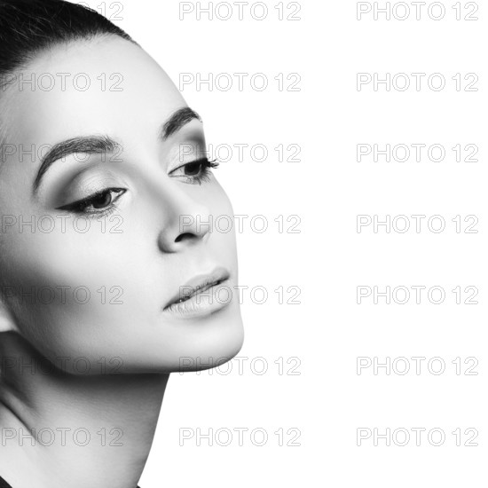 Portrait of beautiful woman with bright makeup. Isolated on white